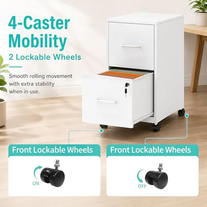 SAWJEC 2 Drawer Metal File Cabinet with Lock, White Mobile Filing Cabinet | 17.7"D x 15"W x 26.8"H, White Mobile Locking File Cabinet, Assembly Required, Fits Letter Hanging Files - color: White, size: 17.7"D x 15"W x 26.8"H