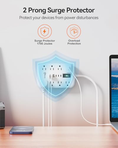 2 Prong Power Strip, 3 to 2 Prong Outlet Adapter, 1700J 2 Prong Surge Protector 5ft Extension Cord with Thin Flat Polarized Plug, 8 AC & 6 USB, Wall Mount for Non-Grounded Outlet, Ideal for Old House - size: 5 FT, style: 2 Prong Plug(8AC+3U3C)