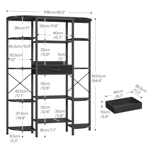 HOOBRO Triple Column 5 Tier Book Shelf, Industrial Bookcase with 12 Open Display Shelves and Fabric Drawer, Wide Bookshelf for Home Office, Living Room, Easy Assembly, Black BB161SJ01