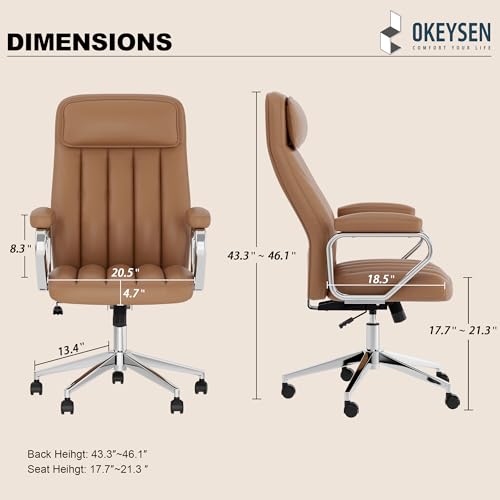 Okeysen Executive Office Chair, Modern Leather Chair with Headrest & Lumbar Support, High Back Ergonomic Chair with Padded Armrests & Seat, Height Adjustable Swivel Rolling Chair for Home Office. - color: Brown
