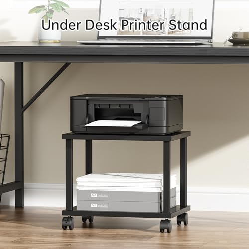 Asgolion Printer Table, 2-Tier Under Desk Printer Stand, Printer Cart - color: Black, size: Small without Charger