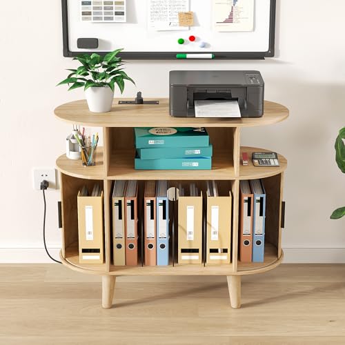 Fiogmub Round Printer Stand with Charging Station & USB Ports - color: Oak