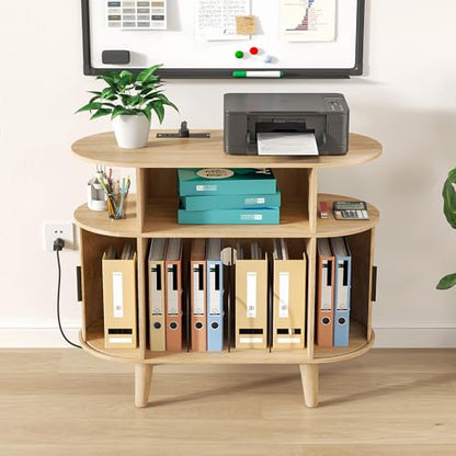 Fiogmub Round Printer Stand with Charging Station & USB Ports - color: Oak