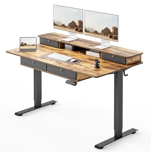 FEZIBO 55 x 30 inch Standing Electric Desk with Drawers, Rustic Brown | Height Adjustable Workstation, Computer Sit Stand Up Office Table with Large Storage Shelf, 4 Drawers and 2 Hooks - color: Rustic Brown, size: 55 inch without Keyboard Tray