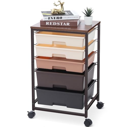 SYKIARIOL Rolling Cart with Drawers, 5 Drawers Utility Cart, Dark Brown - color: Dark Brown
