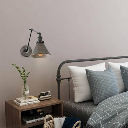LALUZ Black Wall Sconces Lighting, Modern Swing Arm Plug-in or Hardwired Adjustable Wall Lamp with Antique Silver Finish for Bedroom, Kitchen, and Living Room - size: 12" W Antique Silver