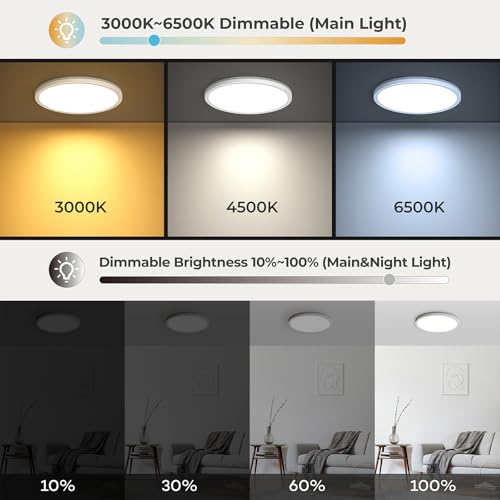 Matane Flush Mount Ceiling Light Fixture with Remote Control, Nightlight 8.7 Inch 18W 3000K-6500K Adjustable, Led Low Profile Ceiling Lights for Bedroom, Living Room,Dining Room, Kitchen, Round White - color: White, size: 8.7 Inch