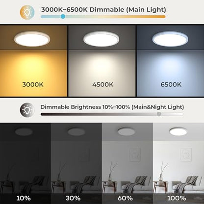 Matane Flush Mount Ceiling Light Fixture with Remote Control, Nightlight 8.7 Inch 18W 3000K-6500K Adjustable, Led Low Profile Ceiling Lights for Bedroom, Living Room,Dining Room, Kitchen, Round White - color: White, size: 8.7 Inch