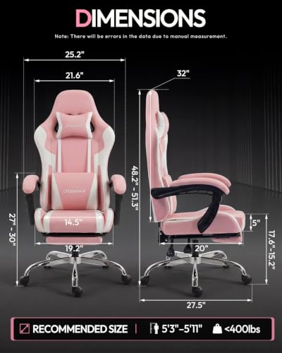 Dowinx Ergonomic Gaming Chair with Footrest & Massage Lumbar, 2D-Linkage Armrests for Computer Chair 330lbs with Headrest Pillow for Office, Home, Streaming and Long Gaming Sessions, Bright Pink - color: Blush Pink