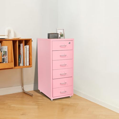 6 Drawer Mobile File Cabinet with Lock,Under Desk Metal Filing Cabinets for Home Office Organizer,Small Rolling Printer Stand with Wheels,for Letters,Legal,A4 (Pink) - color: Pink