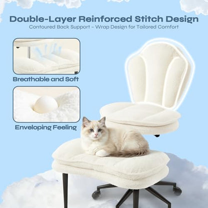 ADHD Cross Legged Office Chair, Swivel Kneeling Meditation Seat | 360° swivel cross-legged chair with reversible seat for ADHD & meditation; adjustable height/depth, plush teddy - color: Off White