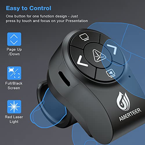 AMERTEER Bluetooth Wireless Presentation clicker for PowerPoint presentations, RF 2.4GHz Finger Ring Remote, PPT Slides Rechargeable - size: BT