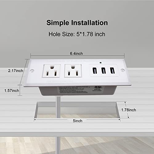 Desk Power Strip with USB Recessed Mounted Desktop Power Outlet 2 Outlets 3 USB Ports (15W/3A) Flat Power Plug, Charge Station for Table Cabinet Sofa Counter - color: White