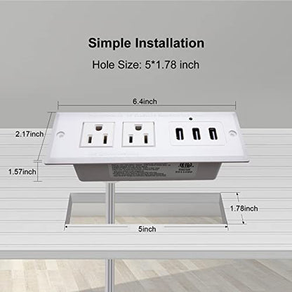 Desk Power Strip with USB Recessed Mounted Desktop Power Outlet 2 Outlets 3 USB Ports (15W/3A) Flat Power Plug, Charge Station for Table Cabinet Sofa Counter - color: White