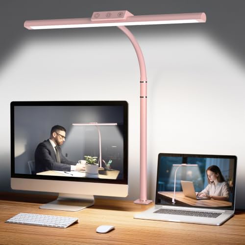 LED Desk Lamp for Home Office, Flexible Gooseneck Desk Lamp with Clamp, 5 Color Touch Control Stepless Dimming Adjustable Eye-Caring Desk Light with Adapter for Reading, Study, Workbench (Pink) - color: Pink
