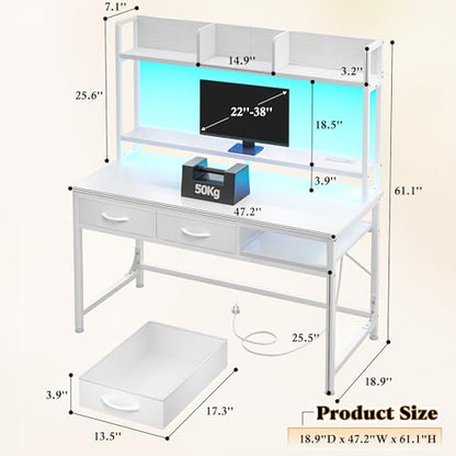 DurayLoly 47.2" Computer Desk with Hutch, LED Lights and Monitor Stand - color: White, size: 18.9"D x 47.2"W x 61.1"H