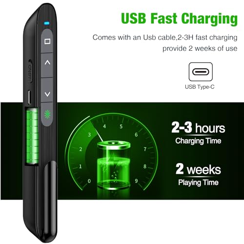 USB Rechargeable RF 2.4 GHz Green Light Presentation Remote, Powerpoint Clicker Wireless Presenter Presentation Clicker Slide Advancer for Mac/Keynote/PC/PPT