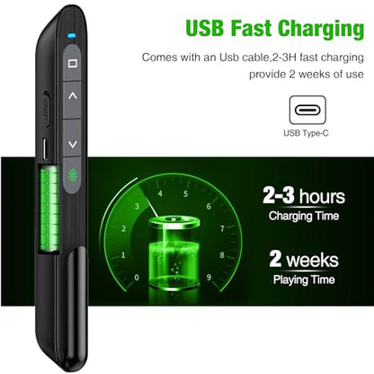 USB Rechargeable RF 2.4 GHz Green Light Presentation Remote, Powerpoint Clicker Wireless Presenter Presentation Clicker Slide Advancer for Mac/Keynote/PC/PPT