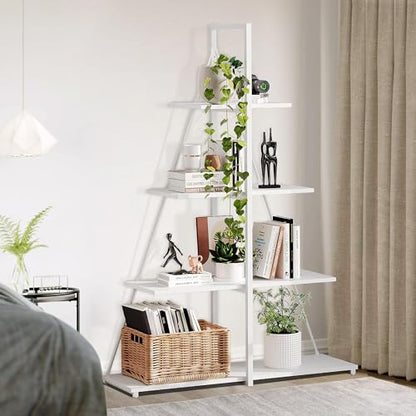 Book Shelf, 4 Tier Ladder Bookcase with Sailboat A-Shaped Design, Narrow Storage Display Shelves, Sturdy Wood and Metal Frame, Modern Bookshelf for Living Room, Home Office, Bedroom, Small Spaces