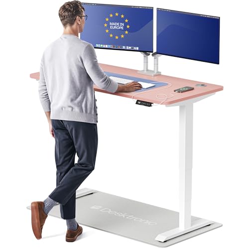Desktronic HomePro Standing Desk 54x28 — Made in Europe, Ergonomic Sit Stand Home Office Desk, Electric Height Adjustable, Dual Motor, USB & USB-C Charging, Wobble-Free, Touchscreen, 3 Memory Presets - color: White + Pink, size: 54 x 28 in