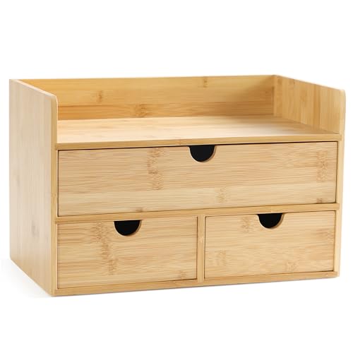 Bamboo Desk Organizer with Drawers, Desktop Storage for Office Supplies | 3 Drawers Desktop organizer, No Assembly Required, Natural Wood Wooden Desktop Drawers Box for Bills, Cosmetics, Seals, Paper - color: Nature-S1X2, size: 13"L x 6.6"W x 7.87"H