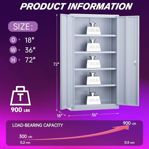 Superday Metal Storage Cabinets, 72" Storage Cabinet with Locking Door, Tall Garage Cabinet with 2 Doors and 4 Adjustable Shelves for Home Office, Classroom, Easy Assemble(Grey) - color: Grey, size: 72" Storage Cabinet