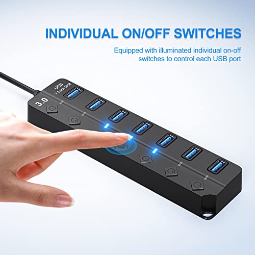 USB Hub 7 Port, USB Splitter with Individual On/Off Switches and Lights. - color: Black