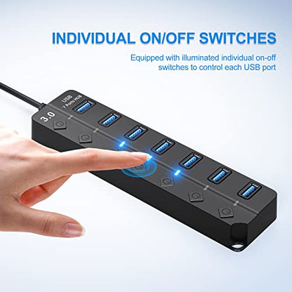 USB Hub 7 Port, USB Splitter with Individual On/Off Switches and Lights. - color: Black
