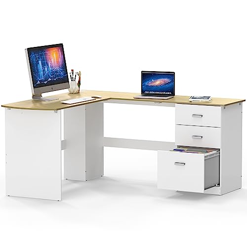 SHW L-Shaped Home Office Wood Corner Desk w/Box Box File Drawers, Oak | 51 x 59 Inches | 2 Pre-installed Grommets - color: Oak