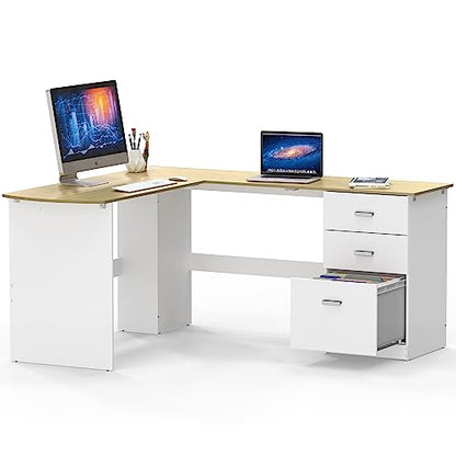 SHW L-Shaped Home Office Wood Corner Desk w/Box Box File Drawers, Oak | 51 x 59 Inches | 2 Pre-installed Grommets - color: Oak