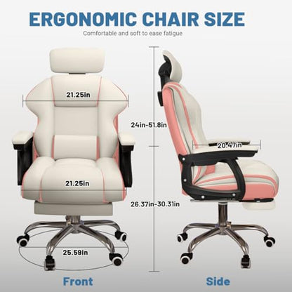 Executive Computer Chair Home Office Desk Chair,Adjustable Angle, Ergonomic Adjustable Height PU Leather Chairs with Cushions Armrest for Long Time Seating-High Office Chair with Footrest - color: White and Pink