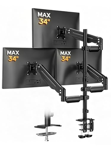 Bracwiser Triple Monitor Mount for Max 34" Screens, up to 24.25lbs Each, Full Adjustable 3 Monitor Desk Stand, Three Gas Spring Arm with Tilt Swivel Rotation, VESA 75x75/100x100mm, Black, MDX883B - size: 13-34"