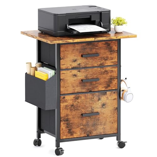 3-Drawer Mobile File Cabinet with 22" Wide Printer Stand, Fabric Filing Cabinet with Side Bag & Headphone Hook, Fits Letter/A4 Size Hanging File Folders, Rolling Home Office Organizer, Rustic Brown - color: Rustic Brown