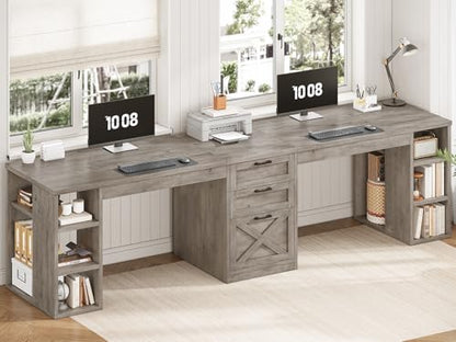 SEDETA Farmhouse 96.5" 2 Person Computer Desk with Drawers, Grey | Home Office Desk, Gaming Double Desk with Storage Shelves, Long Two Person Writing Desk - color: Grey