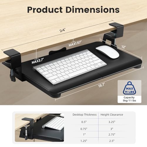 Keyboard Tray Under Desk, Slide Out Computer Keyboard & Mouse Tray with C Clamp-on Mount Easy to Install,24" W（Including Clamps） X 12"D Small Size,Black