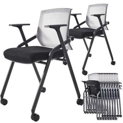 10 Pack Foldable Office Chair with PU Wheels and Sliding Armrest-Ergonomic Mesh Bouncing Back, Stackable Conference Room Chair, Office Guest & Reception & Meeting Chair (Black) - color: Grey, size: 10 Pack
