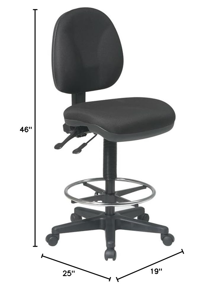 Pemberly Row Deluxe Ergonomic Drafting Chair, Black Fabric Seat, Adjustable Footring, Lumbar Support, Pneumatic Height Adjustment, Heavy Duty Nylon Base, Commercial Office Seating, 275 lb Capacity