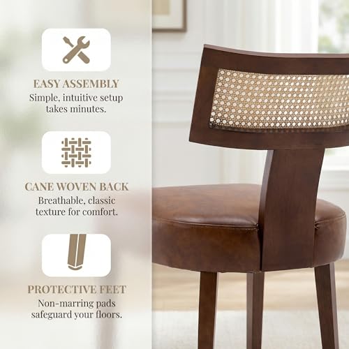 HNY Mid Century Modern Rattan Dining Chairs Set of 2, Farmhouse PU Leather Upholstered Accent Chair Curved Backrest Kitchen Chairs, with Hardwood Frame, Brown - color: Brown Rattan