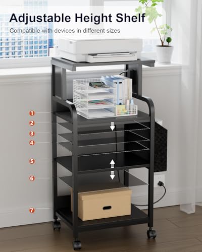 4-Tier Tall Printer Stand with Storage Adjustable Shelf and Bag - color: Black, size: 20.9''x15.7''