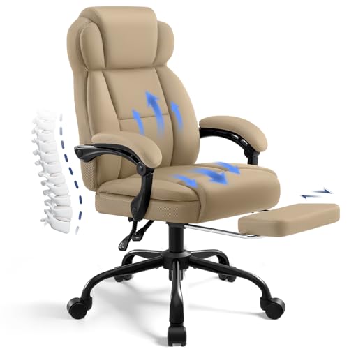 Ergonomic Office Chair with Footrest,PU Leather Executive Desk Chair Padded Linkage Armrests,Lumbar Support,Swivel Computer Chair for Home Office & Gaming,Khaki - color: Khaki