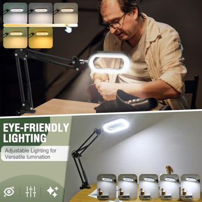 Veemagni 12X Rectangle Magnifying Glass with Light and Stand, 5 Color Modes Stepless Dimmable, 2-in-1 LED Lighted Desk Lamp & Clamp, Hands Free Magnifier for Reading Crafts Repair Painting Close Work