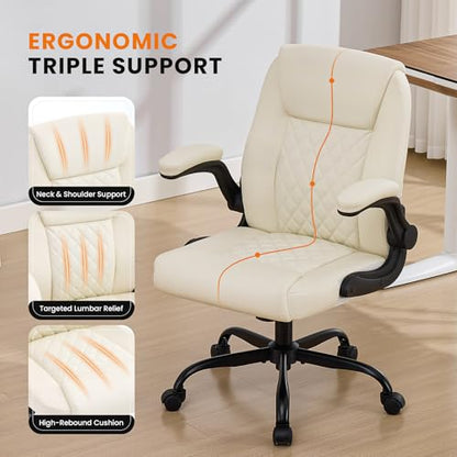 Executive Office Chair with Lumbar Support & Flip-up Arms, Beige | Ergonomic Desk Chair, 90–115° Tilt & Rocking, 20.1" Wide Seat, PU Leather, for Home Offices & Conference Rooms, 300Lbs - color: Beige