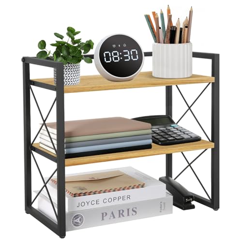 YINMIT Desktop Shelf Organizer, 2 Tier Office Shelves, Wood Desk Organizer Storage Rack and Freestanding Display Shelf for Office, Dormitory, Home (Black Wood) - color: Black+wood