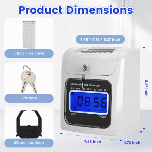 Time Clock for Employees Small Business, Auto-Align Punch Clock with 50 Time Cards, 2-Color Printing (Black/Red), Backlit LED Display, Attendance Machine for Office
