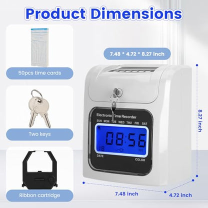 Time Clock for Employees Small Business, Auto-Align Punch Clock with 50 Time Cards, 2-Color Printing (Black/Red), Backlit LED Display, Attendance Machine for Office