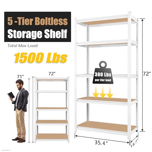 PrimeZone 35.4" W x 15.7" D x 72" H White Book Shelf, 5-Tier Bookcase | Modern Open Design, Adjustable Shelves, Standing Display Organizer for Books, Plants & Décor, Sturdy Double-layered Columns - size: 35.4" W x 15.7" D x 72" H