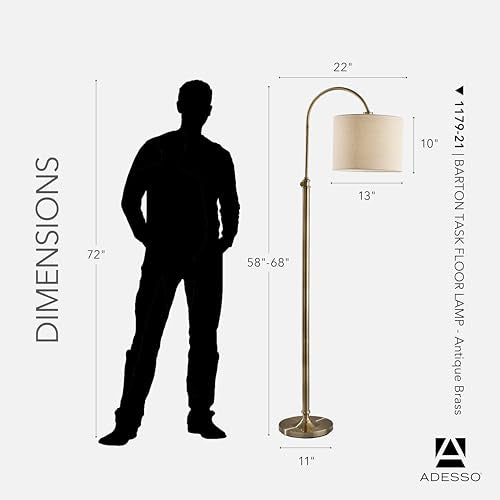 Adesso Floor Lamp, Antique Brass & Oatmeal Linen, Adjustable Height, 58” - color: Antique Brass, size: Task Floor Lamp