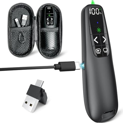 Presentation Clicker & Case, Green Laser Power Display Presenter Remote | 2‑in‑1 USB/Type C Receiver, Rechargeable Red Laser Pointer Wireless Computer PowerPoint PPT Clickers for Mac/Windows - style: Green Light & Power Display