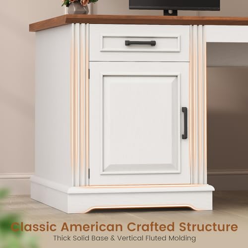 SEDETA Farmhouse Executive Desk, 62'' Home Office Desk with File Drawers, 3Drawer and Storage Cabinet, Computer Desk with Power Outlet for Home Office, Work Study Writing, White + Walnut - color: White + Walnut