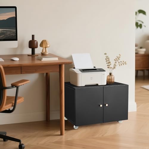 Metal Fridge Printer Stand Cabinet with Storage and Wheels, Black - color: Black - 24''wx24''dx18''h